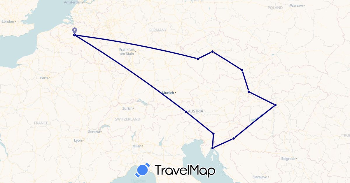 TravelMap itinerary: driving in Austria, Belgium, Czech Republic, Croatia, Hungary, Slovenia, Slovakia (Europe)