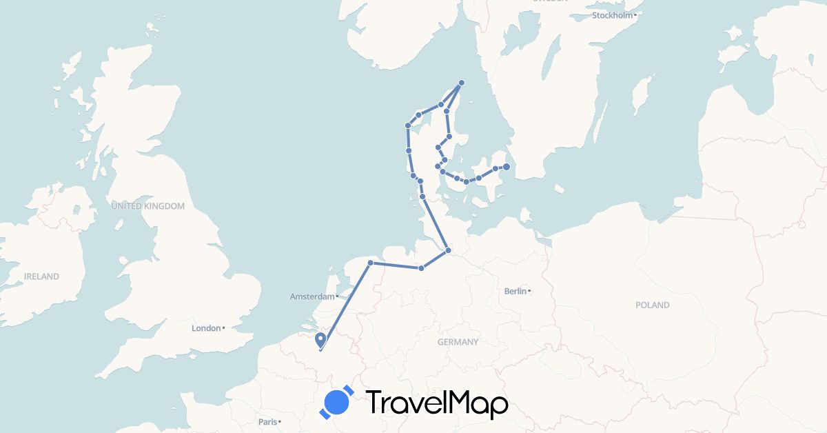TravelMap itinerary: cycling in Belgium, Germany, Denmark, Netherlands (Europe)